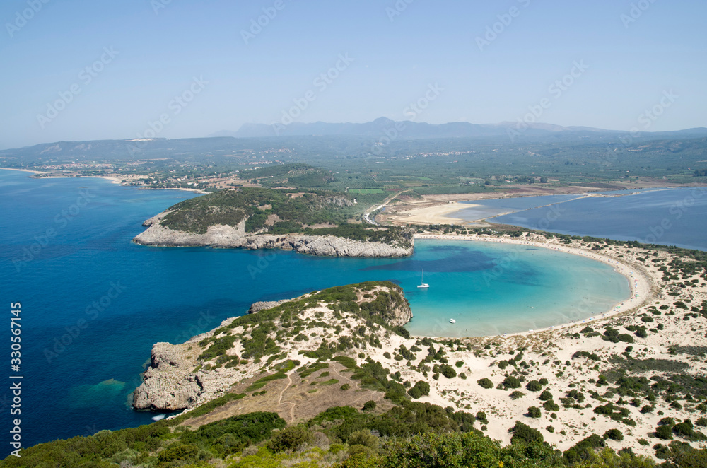 Panoramic view of bay and lagoon Voidokoilia from fortress Palaikastro in Peloponnese,Greece