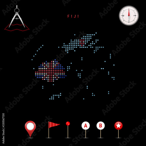 Dotted vector map of Fiji painted in the national flag colors. Waving flag effect. Map tools icon set