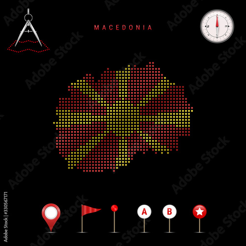 Dotted vector map of Macedonia painted in the national flag colors. Waving flag effect. Map tools icon set