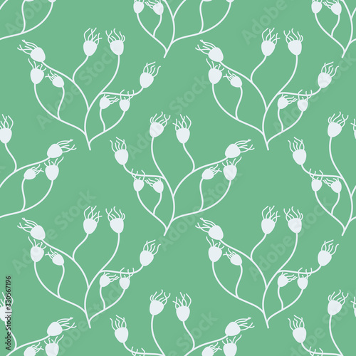 Floral seamless pattern with Meadow flowers. Hand drawn plants on green background. Simple design for fabric and other surface. Vector illustration.