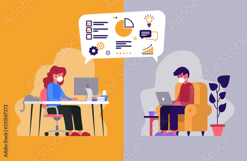 Vector illustration of two workers telecommuting from their homes