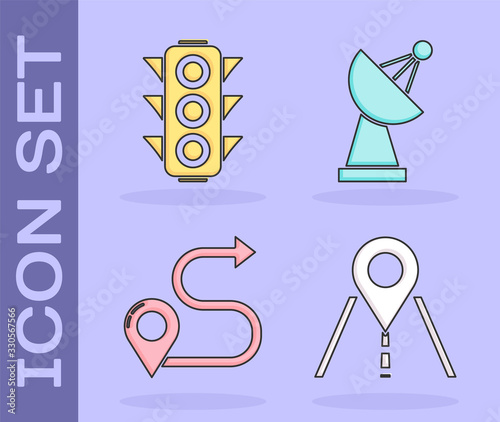 Set Road traffic sign, Traffic light, Route location and Radar icon. Vector