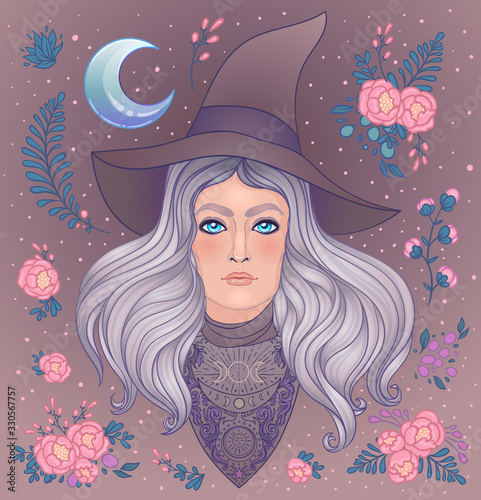 Wiccan witch with moon, herbs and wlowers. Young woman with long blond hair and magic hat. Alchemy, tattoo art, t-shirt design, adult magic book. Vector. Illustration. Pagan goddess.