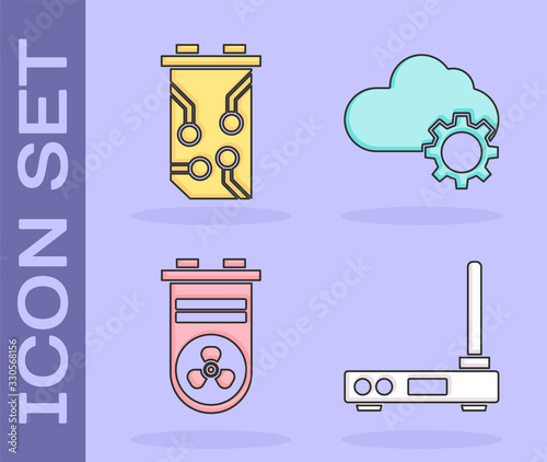 Set Router and wi-fi signal, Video graphic card, Video graphic card and Cloud technology data transfer and storage icon. Vector