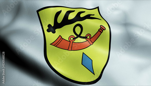 3D Waving Germany City Coat of Arms Flag of Nurtingen Closeup View