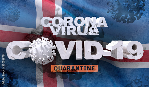 Coronavirus disease COVID-19 infection quarantine concept on waving national flag of Iceland. Waved highly detailed close-up 3D render. photo