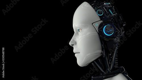 A humanoid robot on a black background turns on and raises its head. The camera moves away. 4K. 3D animation.
