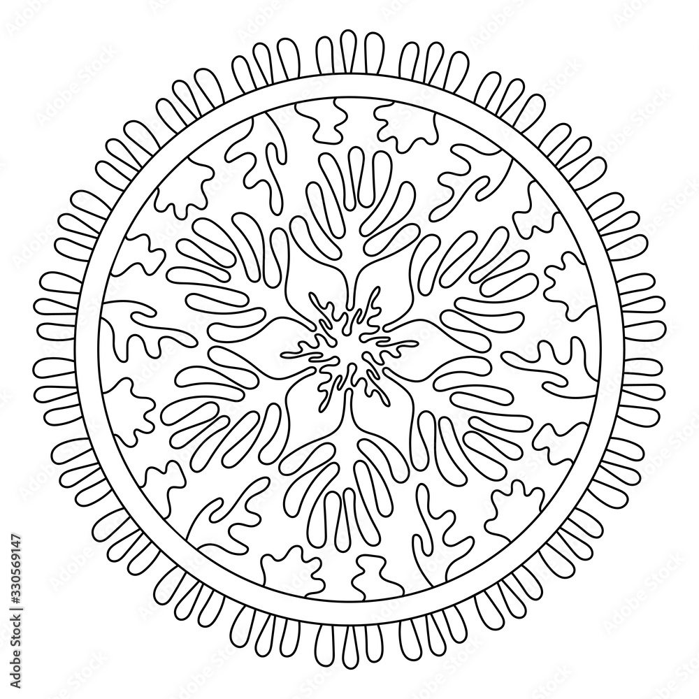 Sea Mandala. Coloring pages for children and adults. Stylized corals and algae, stars. Abstract hand drawn illustration isolated on a white background. Hand-drawn doodles for a coloring book, cover
