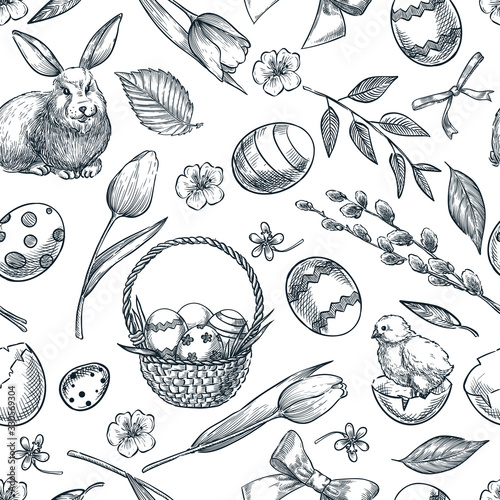 Easter holiday seamless pattern. Doodle basket with easter eggs, bunny, flowers, eggs. Spring sketch vector illustration