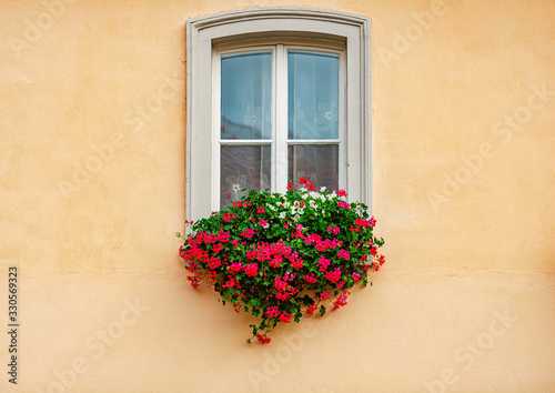 Fototapeta Naklejka Na Ścianę i Meble -  White old wooden window with beautiful flowers
