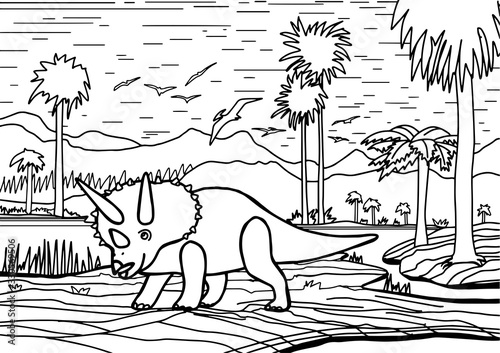 Dinosaur triceratops coloring book for children and adults. Stylish hand drawn antistress coloring page. Vector outline T Rex illustration.