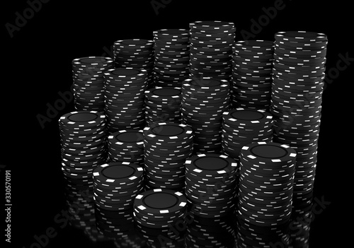 Black poker chips on black glossy background. 3D Illustration