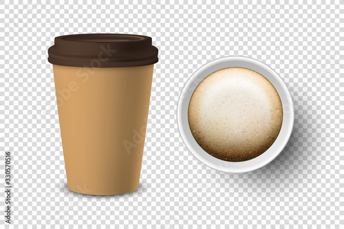 Vector 3d Realistic Brown Disposable Closed and Opened Paper, Plastic Coffee Cup for Drinks with White Lid Set Closeup Isolated on Transparent Background. Design Template, Mockup. Top and Front View