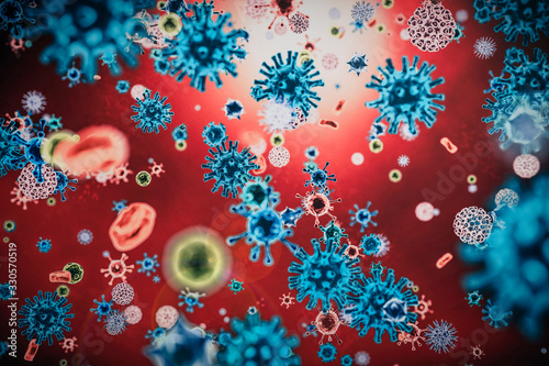 Different viruses in 3D, with lense flare, rendering, Covid-19 coronavirus, inside the body
