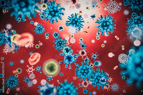 Different viruses in 3D, rendering, Covid-19 coronavirus, inside the body