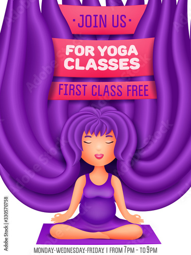 Pregnant woman doing exercises. Invintation card for yoga classes.