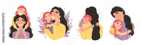 Beautiful young woman and her charming little daughter. Girl hugs mom and smiles. Set of illustrations for mothers day