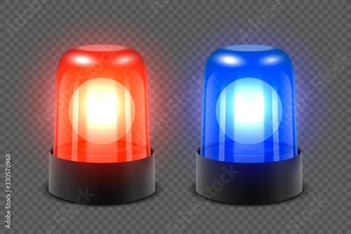 Vector 3d Realistic Red and Blue Turn On Police Flasher Siren Set Closeup Isolated on Transparent Background. Light, Beacon For Police Car, Ambulance, Fire Trucks. Emergency Flashing Siren. Front View