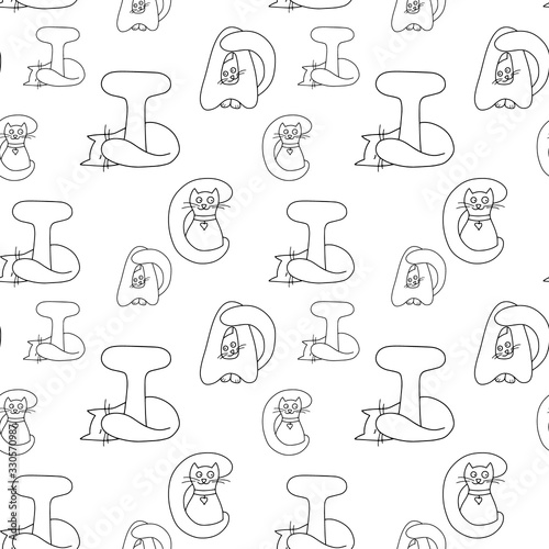 Cat lettering seamless pattern isolated on white. Coloring animal design. Doodle hand drawing line art. Vector stock illustration