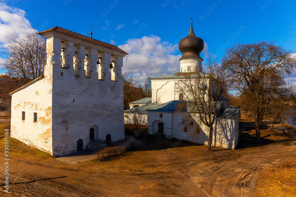 Church of the assumption with a bell tower in Pskov, Russia.