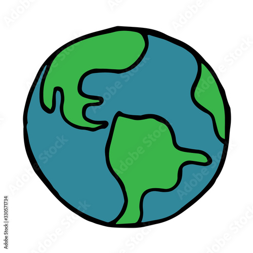  stock vector illustration hand drawing in doodle style. planet Earth. Cute colored icon planet symbol, view from space. planet earth, world, globe.