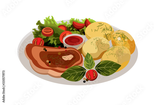 vector illustration of a plate with food, menu, dish, beef steak, main course, diner, dener, lunch, cafe, salad, boiled potatoes, restaurant, cuisine