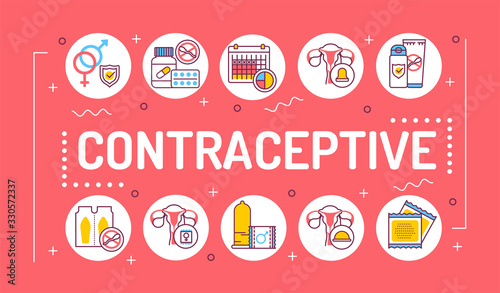 Contraceptive word lettering typography. Safety sex. Birth control elements: intrauterine, oral, hormonal and protective. Infographics with linear icons on pink background. Creative idea concept.