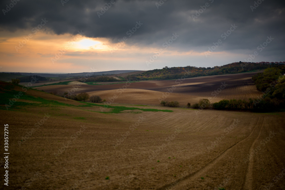 Panorama of Moravian fields with beautiful clouds