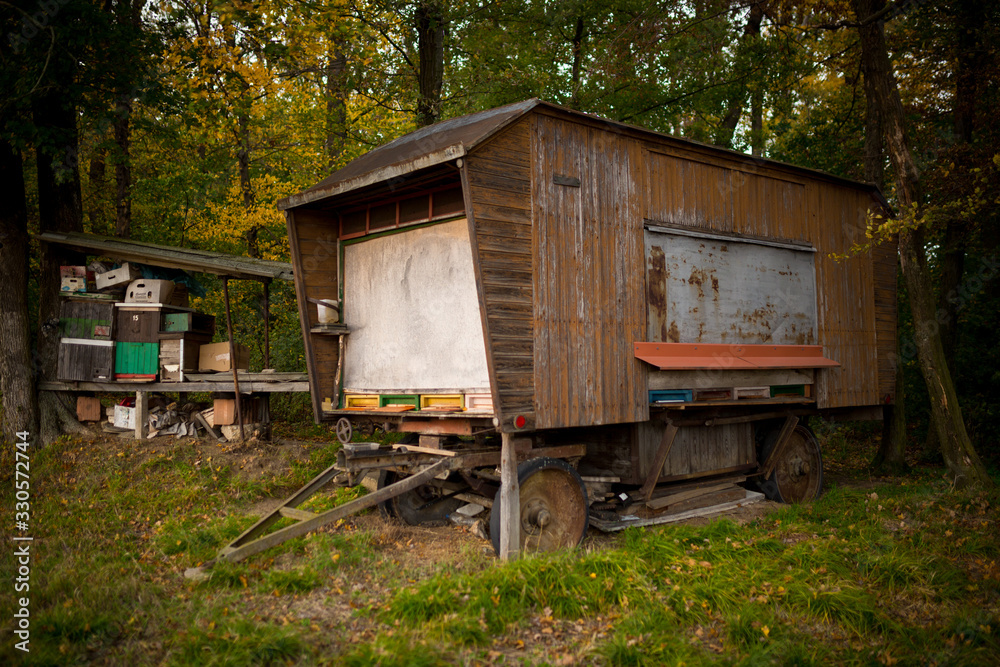 Cart and chests of Moravian farmers standing on the edge of the forest Cart and chests of Moravian farmers standing on the edge of the forest