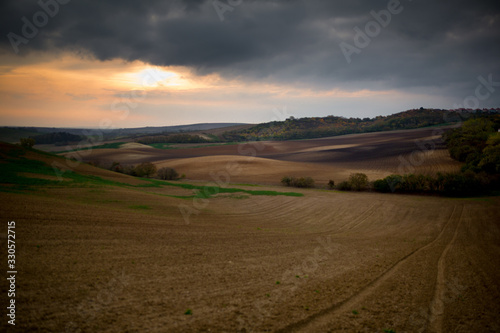 Panorama of Moravian fields with beautiful clouds