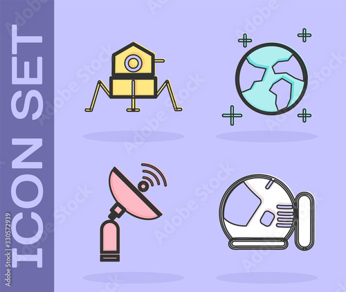 Set Astronaut helmet, Mars rover, Radar and Earth globe icon. Vector