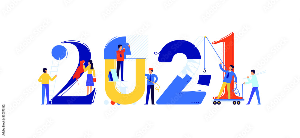 Office staff are preparing to meet the new year 2021. Vector illustration. Cartoon characters repair the numbers. Image is isolated on white background. Flat illustration for banner and site.