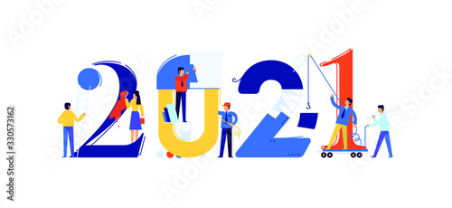 Office staff are preparing to meet the new year 2021. Vector illustration. Cartoon characters repair the numbers. Image is isolated on white background. Flat illustration for banner and site.