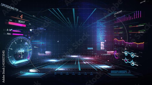 Virtual reality. Futuristic VR head-up display design. Sci-Fi helmet HUD, GUI,UI. Futuristic display with data, speedometer and statistics panel. Cockpit of futuristic autonomous car. High tech screen
