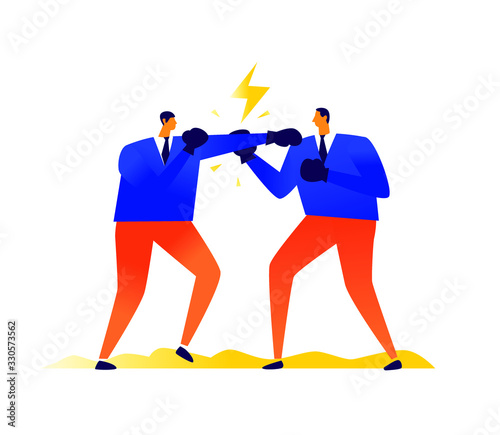 Illustration of businessmen boxing each other. Competition in business. Vector. Metaphor. Men hit each other. Conflict, quarrel and contention among people. Aggression between alpha males. Competition