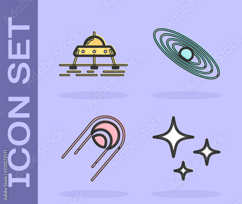 Set Falling star, Mars rover, Satellite and Planet icon. Vector