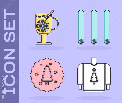 Set Christmas sweater, Mulled wine with glass of drink, Cookie or biscuit with chocolate and Three rolled sticks of cinnamon icon. Vector