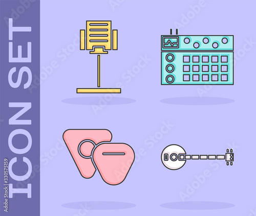 Set Banjo, Music stand, Guitar pick and Drum machine icon. Vector