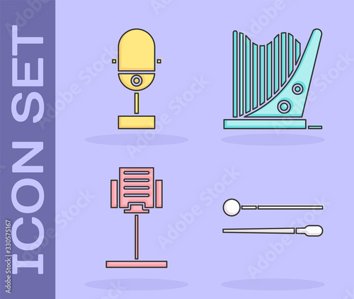 Set Drum sticks, Microphone, Music stand and Harp icon. Vector