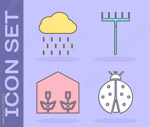 Set Ladybug, Cloud with rain, Home greenhouse and plants and Garden rake icon. Vector