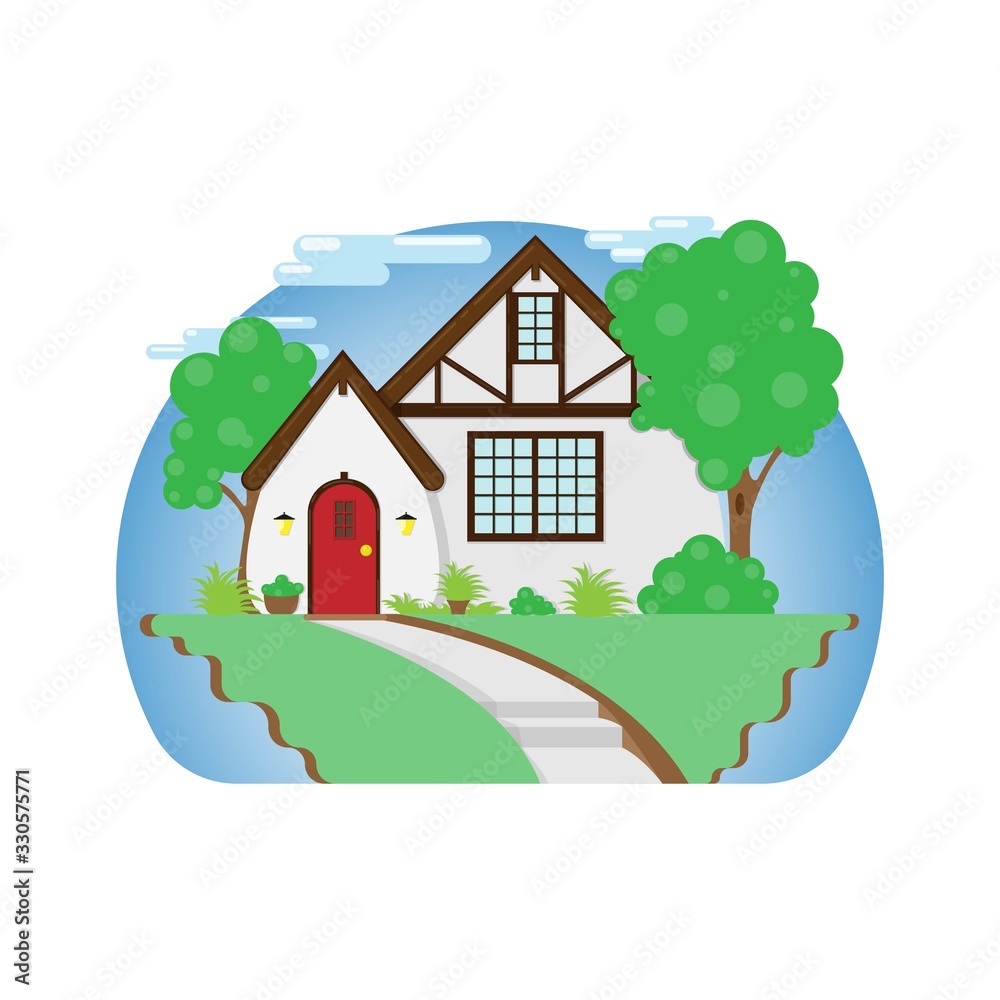 Vector cartoon of cool detailed house isolated on white background.