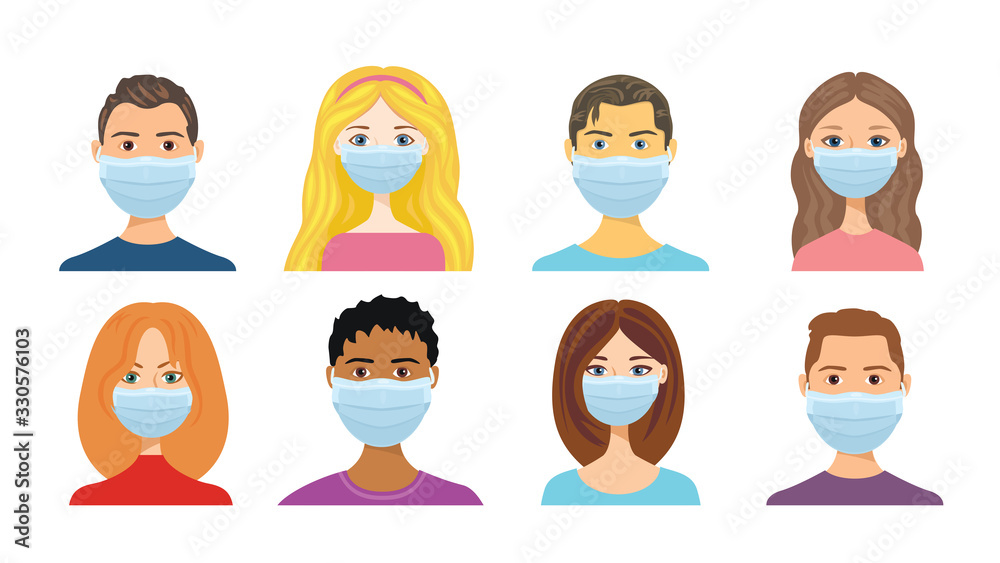 Cartoon people in protective surgical masks isolated on white background. Men and women of different races and hair colors. Protection against viruses and bacteria. Vector flat illustration, icon. Cartoon people in protective surgical masks isolated on white background. Men and women of different races and hair colors. Protection against viruses and bacteria. Vector flat illustration, icon.