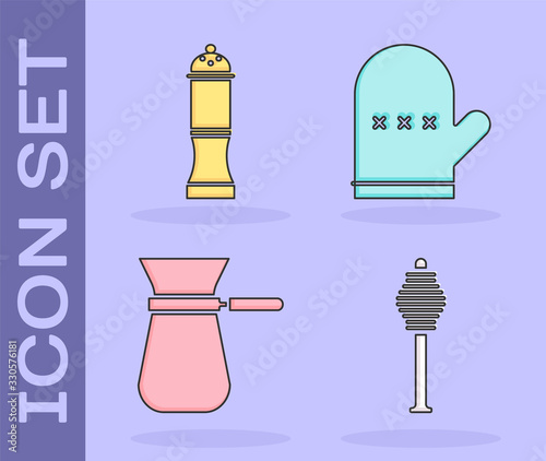 Set Honey dipper stick, Pepper, Coffee turk and Oven glove icon. Vector