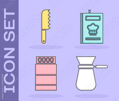 Set Coffee turk, Bread knife, Open matchbox and matches and Cookbook icon. Vector