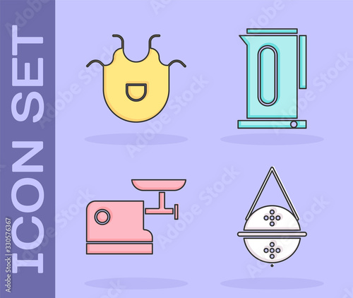 Set Ball tea strainer, Kitchen apron, Kitchen meat grinder and Kettle with handle icon. Vector