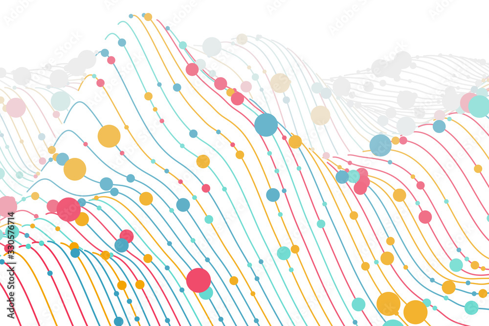 Digital chart with lines and circles on white background. Sound waves abstract visualization. Concept of big data analysis and information technology. Vector illustration of wireframes sound waves .