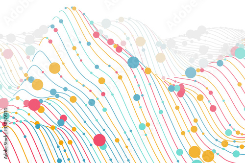Digital chart with lines and circles on white background. Sound waves abstract visualization. Concept of big data analysis and information technology. Vector illustration of wireframes sound waves .