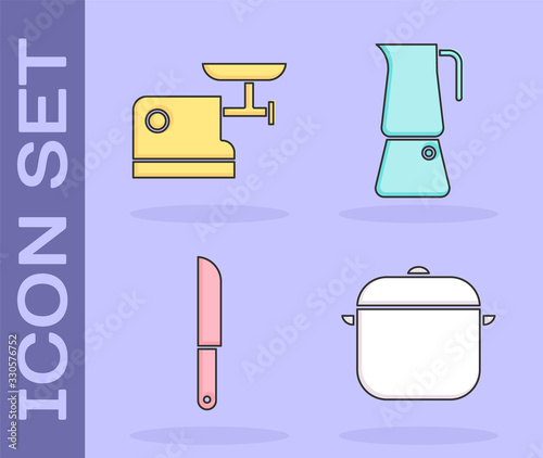Set Cooking pot, Kitchen meat grinder, Knife and Moka pot icon. Vector