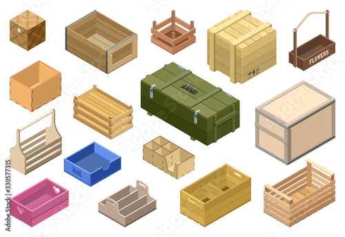 Wooden box isometric vector set icon. Isolated isometric set icon crate and container. Vector illustration wooden box on white background .