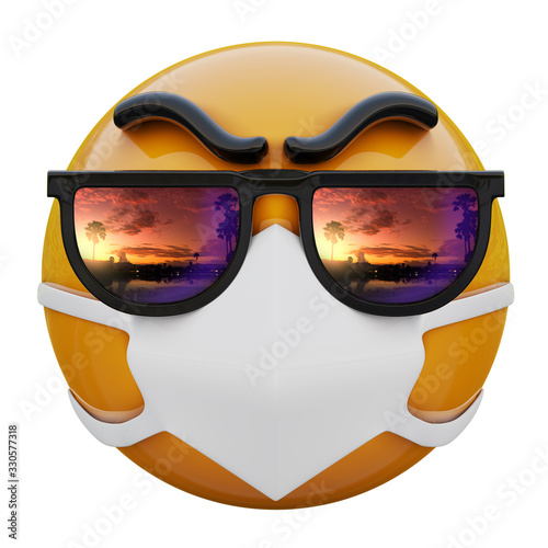 3D render of yellow emoji face with sunglasses and medical mask protecting from coronavirus 2019-nCoV, MERS-nCoV, sars, bird flu and other viruses, germs and bacteria and contagious disease.